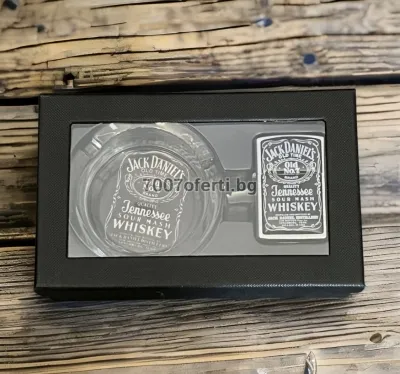Подаръчен комплект запалка+пепелник Jack Daniels закалено стъкло