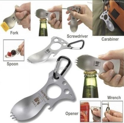 Мултифункционален джобен прибор 3-в-1: лъжица, вилица и отварачка – идеален за къмпинг, лов и пътувания
