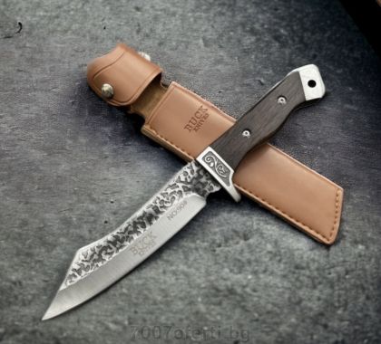 Компактен ловен нож BUCK ORIENT с дървена дръжка и кожена кания – 30 см