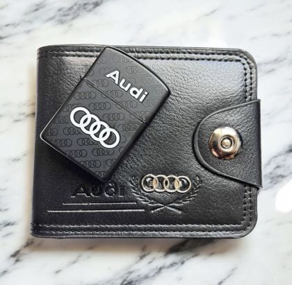 Луксозен подаръчен комплект: мъжки портфейл и запалка – идеален за феновете на BMW, Audi и Mercedes.