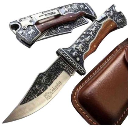 Сгъваем нож джобен+калъф от естествена кожа за колан ловен луксозен