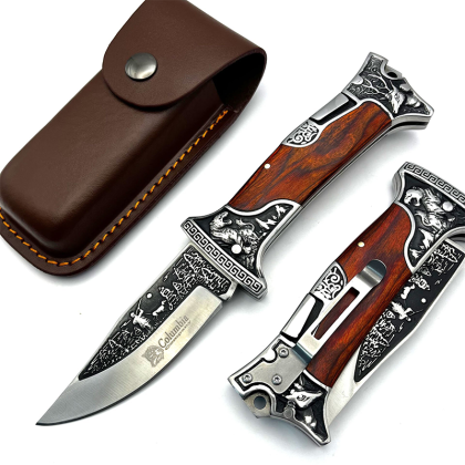 Сгъваем нож джобен+калъф от естествена кожа за колан ловен луксозен