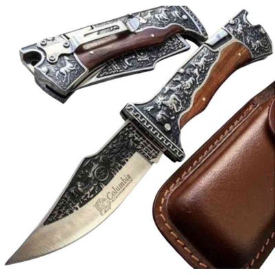 Сгъваем нож джобен+калъф от естествена кожа за колан ловен луксозен