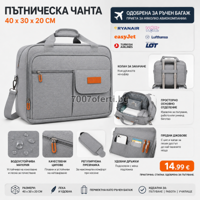 Пътническа чанта за ръчен багаж 40×30×20 см – одобрена за Ryanair, Wizz Air и EasyJet